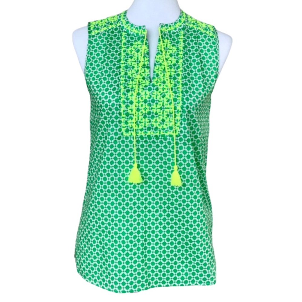 J. Crew Green Sleeveless Tassel Boho Tunic Top | Size 2 XS